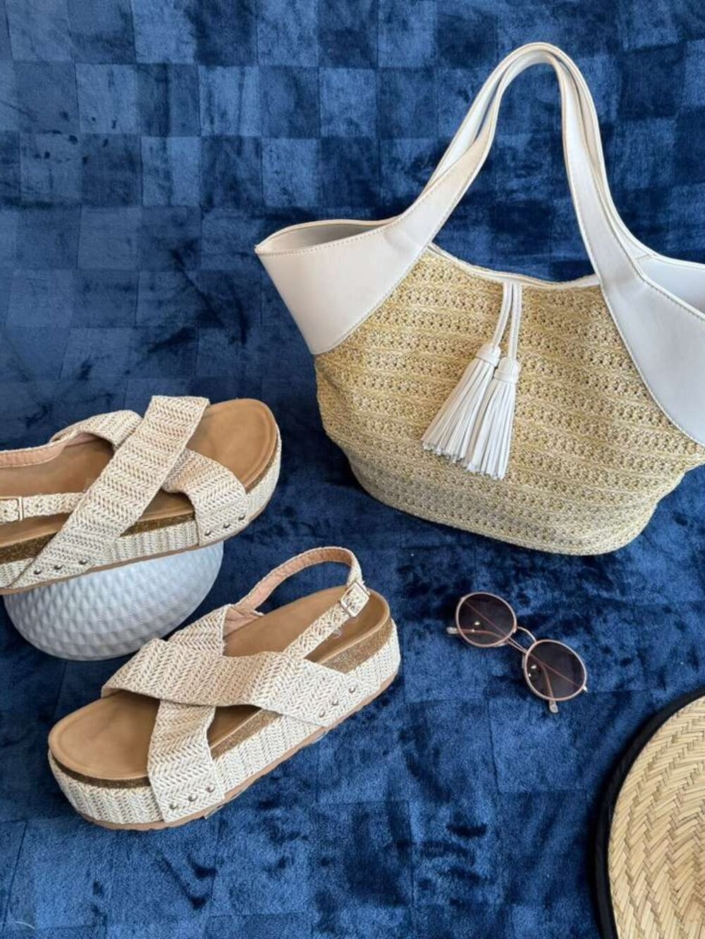Bundle Espadrilles Raffia Slide Sandals Flat Platform Wedge Heel W/ Matching Bag
